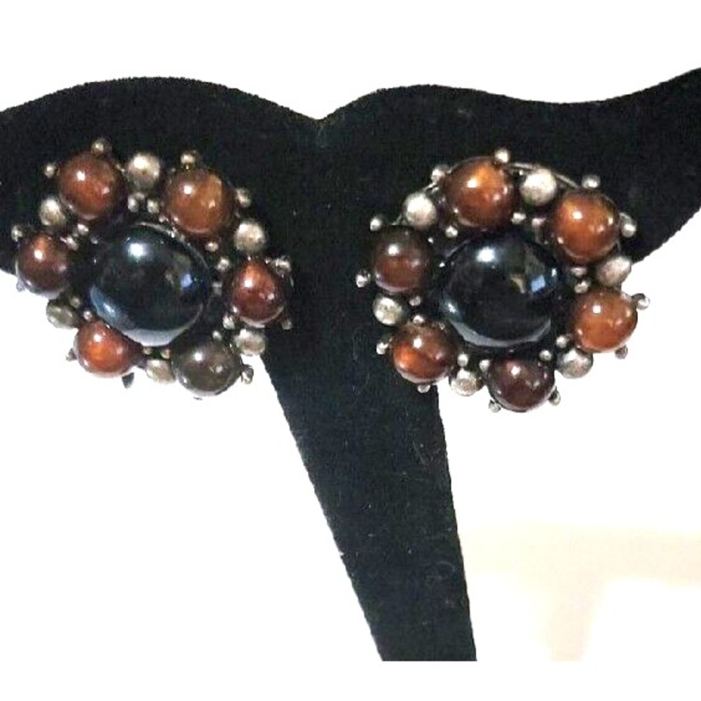 Vintage Silver, Black & Brown Lucite Beaded Flower Clip On Earrings, Mid-Century